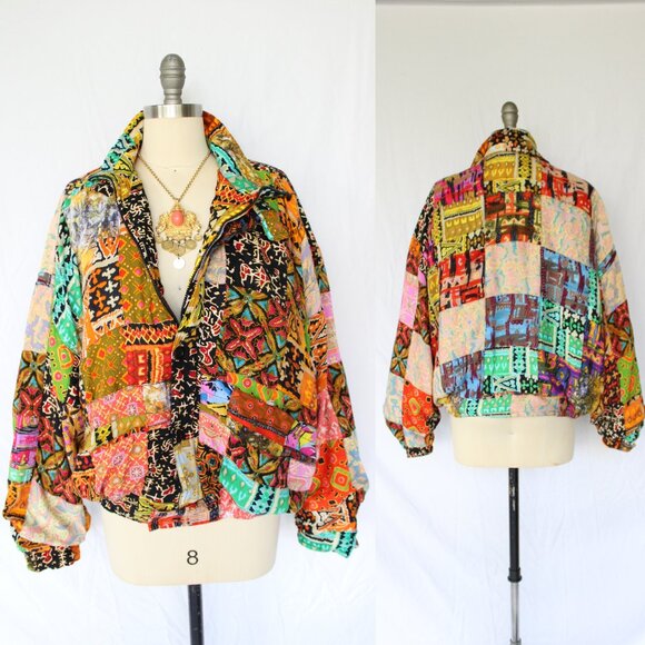 We Be Bop Vintage Patchwork Bomber puffer Jacket patchwork aztec asian ethnic - Picture 1 of 10